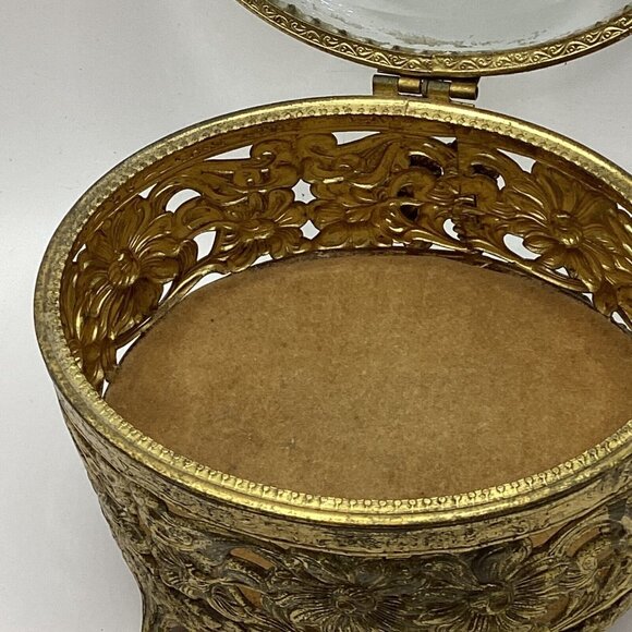 1920s Jewelry Casket Oval French Pierced Gilt Brass & Beveled Glass - Picture 5 of 8